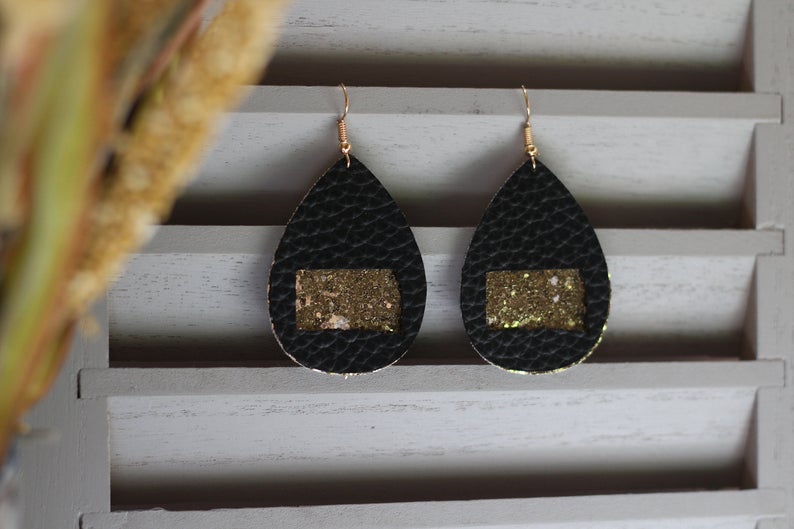 South Dakota Black & Gold Glitter Faux Leather Earrings