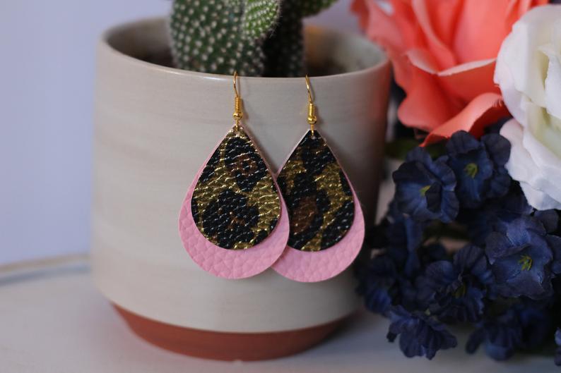 Cheetah Print and Pink Faux Leather Earrings